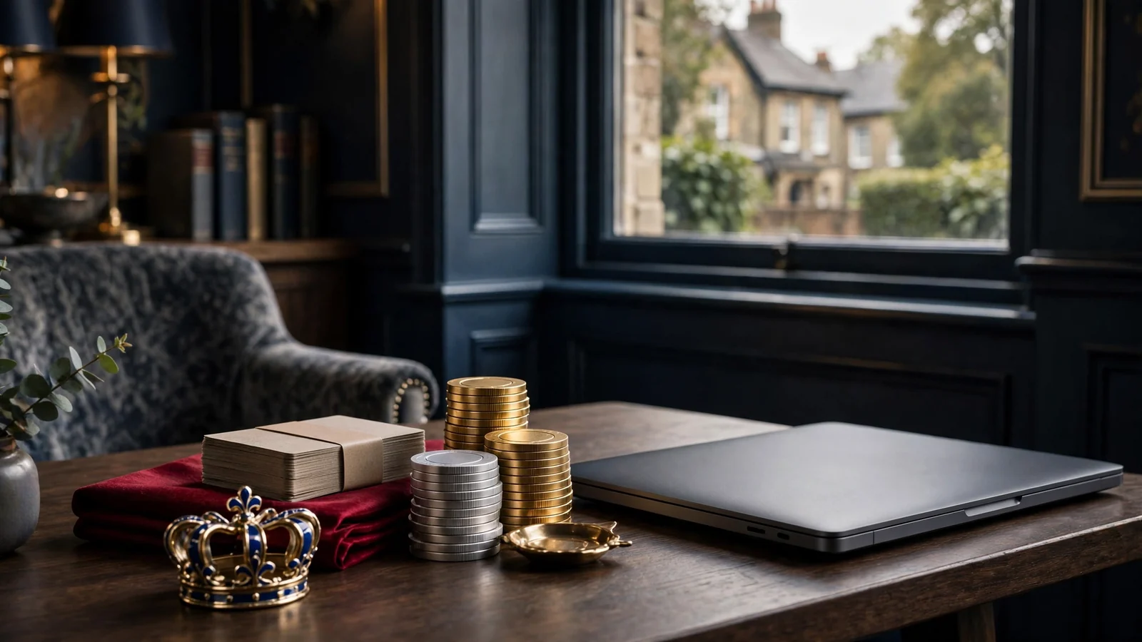 Sophisticated UK casino-themed scene with laptop, chips, cards and gold crown