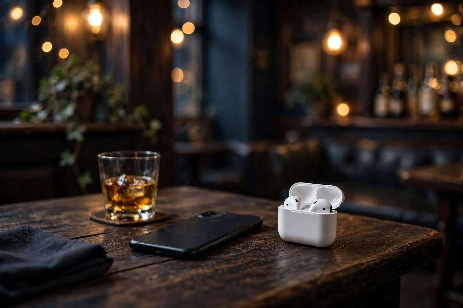 Smartphone and earbuds on a wooden table in a British lounge at dusk
