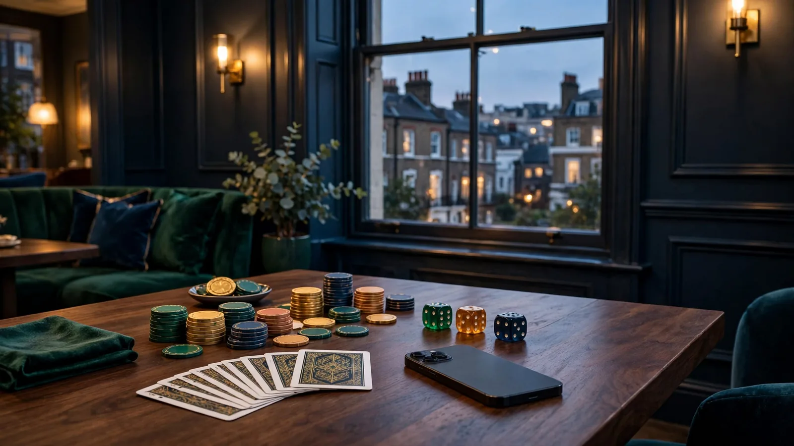 Premium British casino lounge with phone and abstract gaming accessories