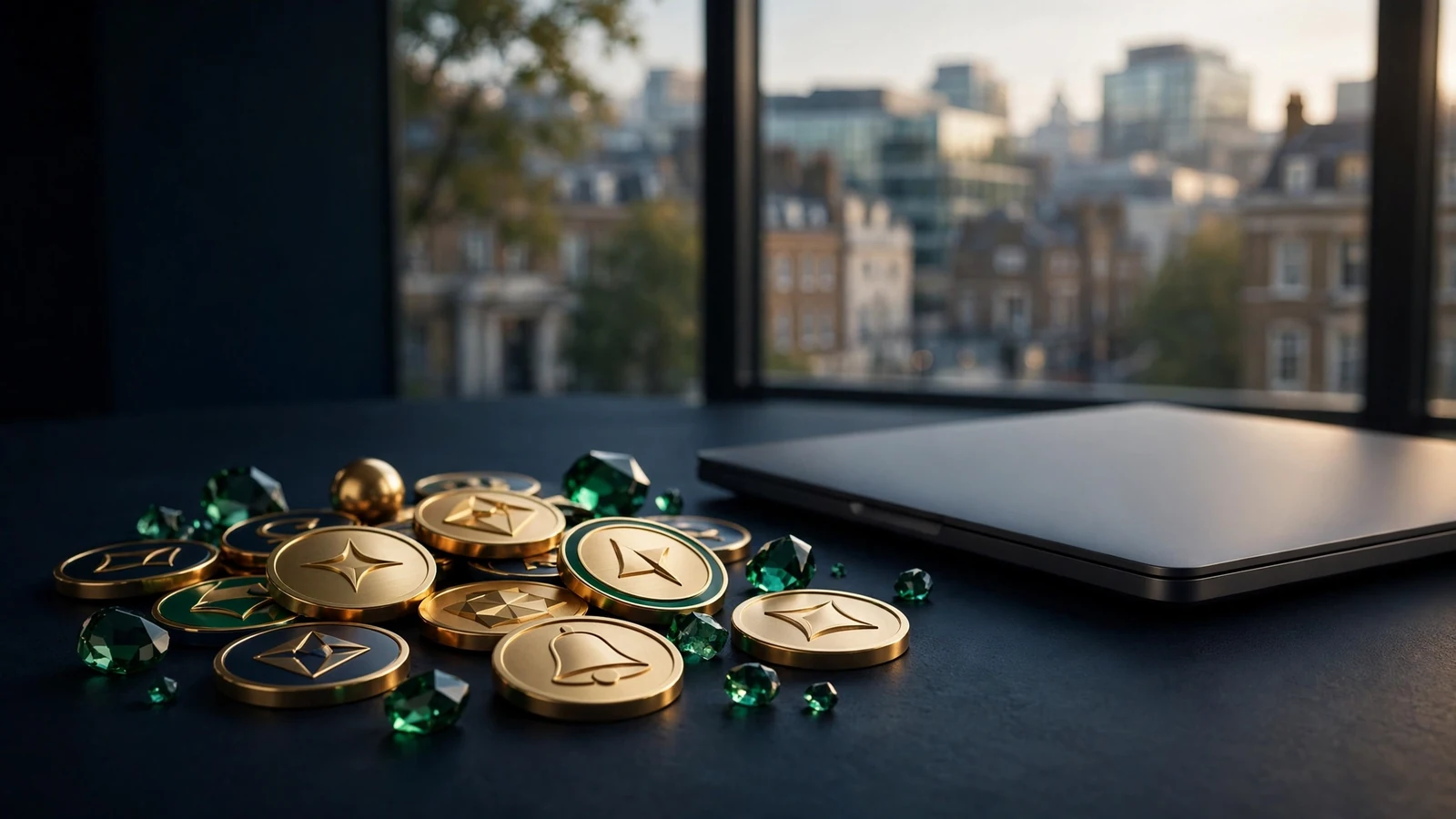 Abstract casino tokens and closed laptop in a premium UK setting