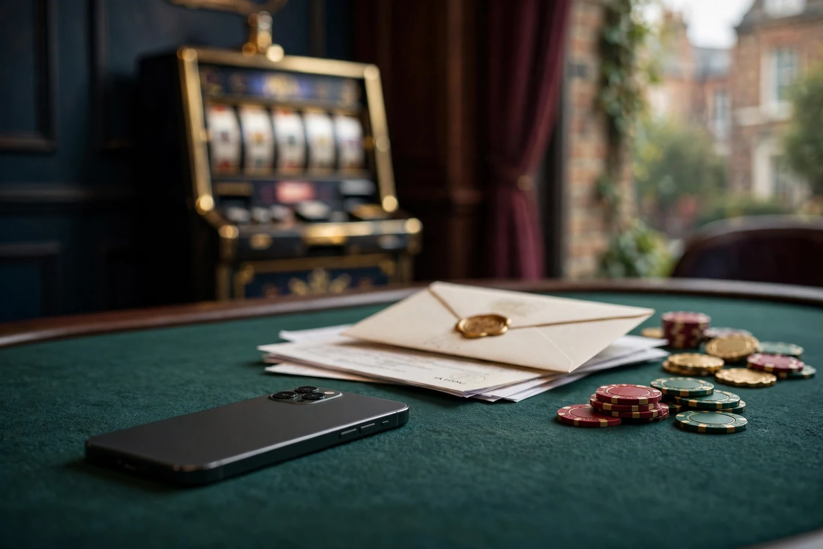 Licensed UK online casino and slot-themed table scene