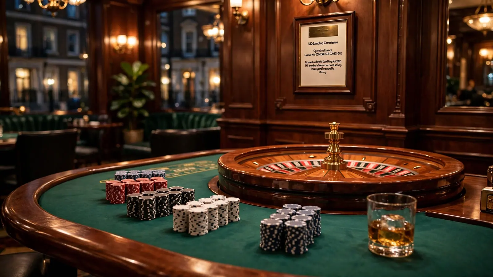Licensed London casino lounge with roulette table and chips