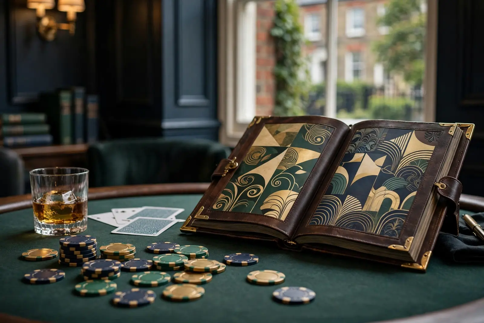 Casino chips, blank cards and game catalogue on a UK-themed table