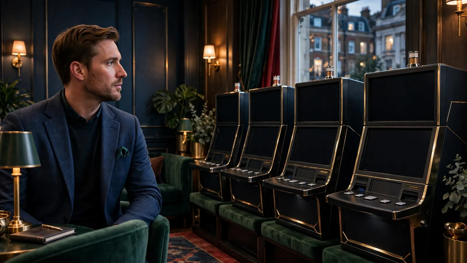 Stylised British player considering premium online slot selection