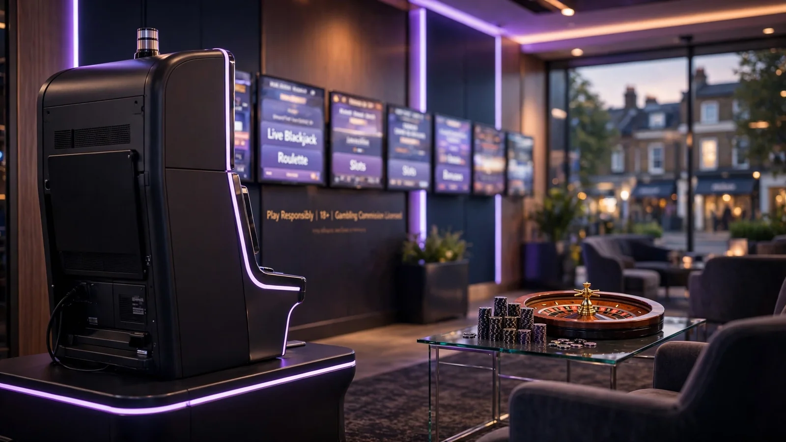Modern UK casino lobby with slot cabinet and roulette table