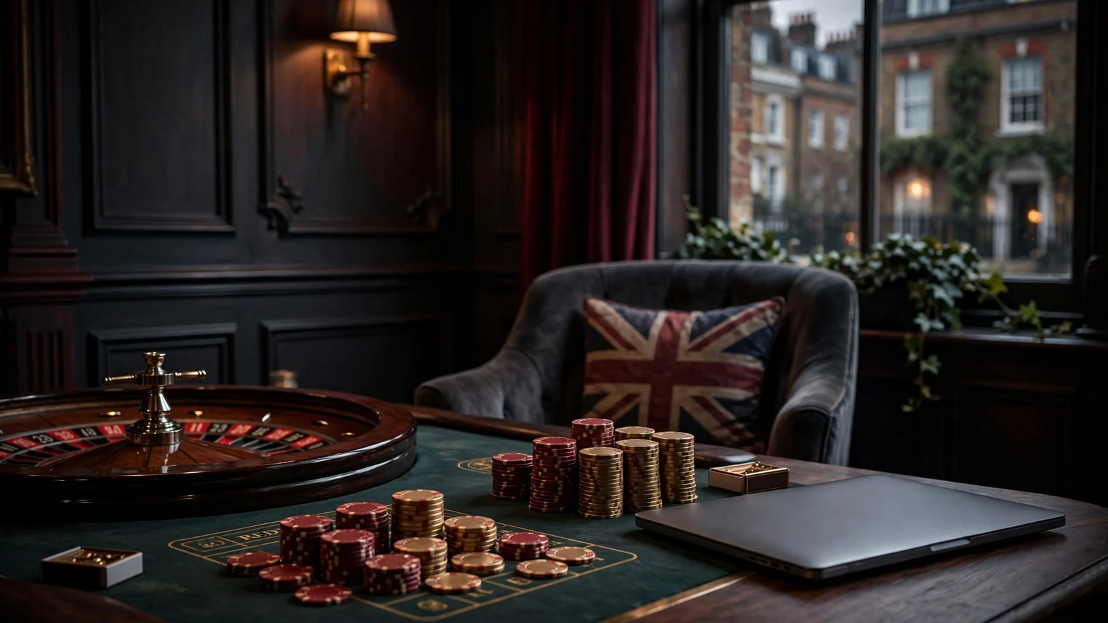 Elegant UK casino lounge with roulette table, chips and closed laptop
