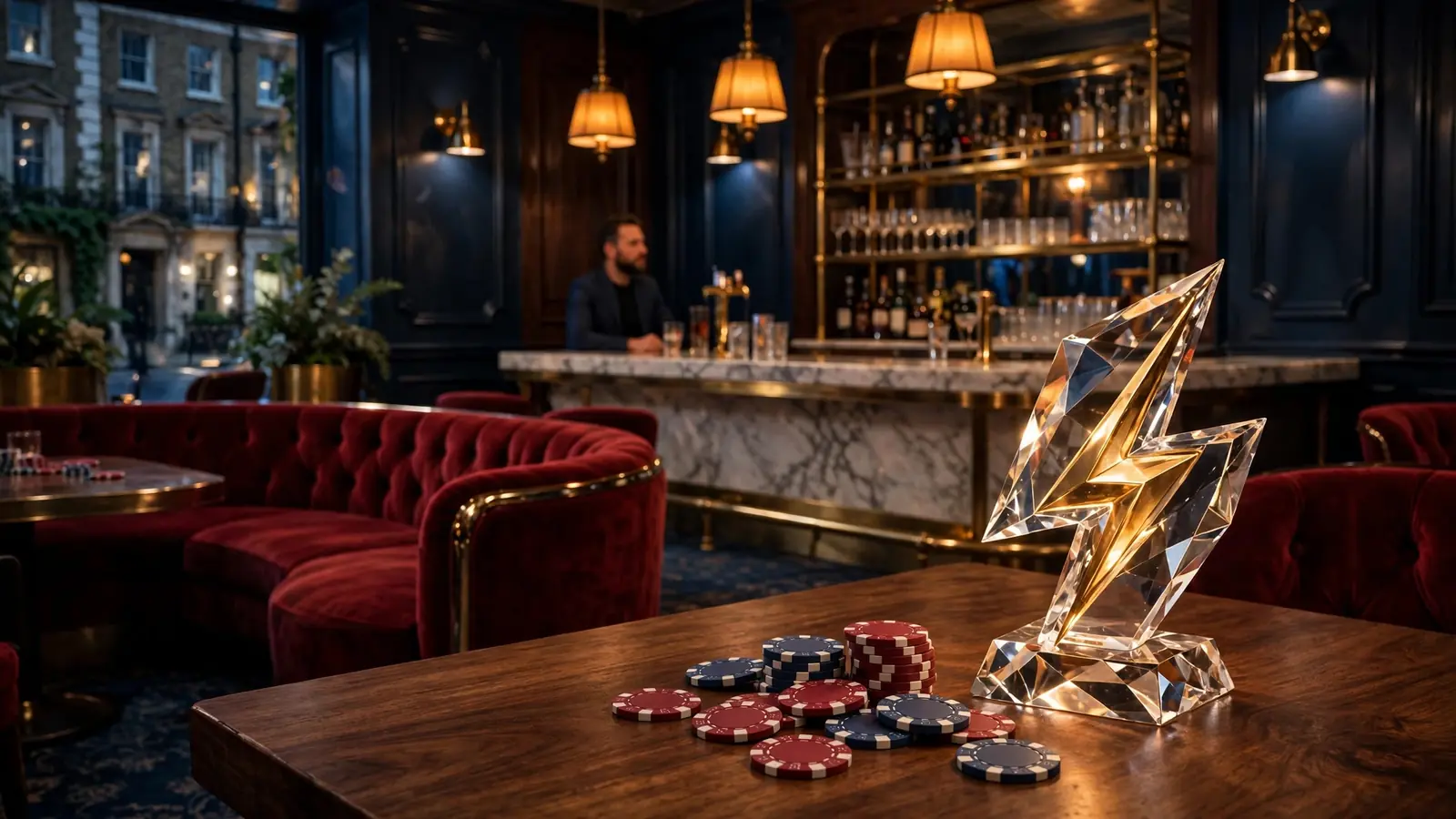 Stylized British casino lounge with chips and a lightning-bolt sculpture