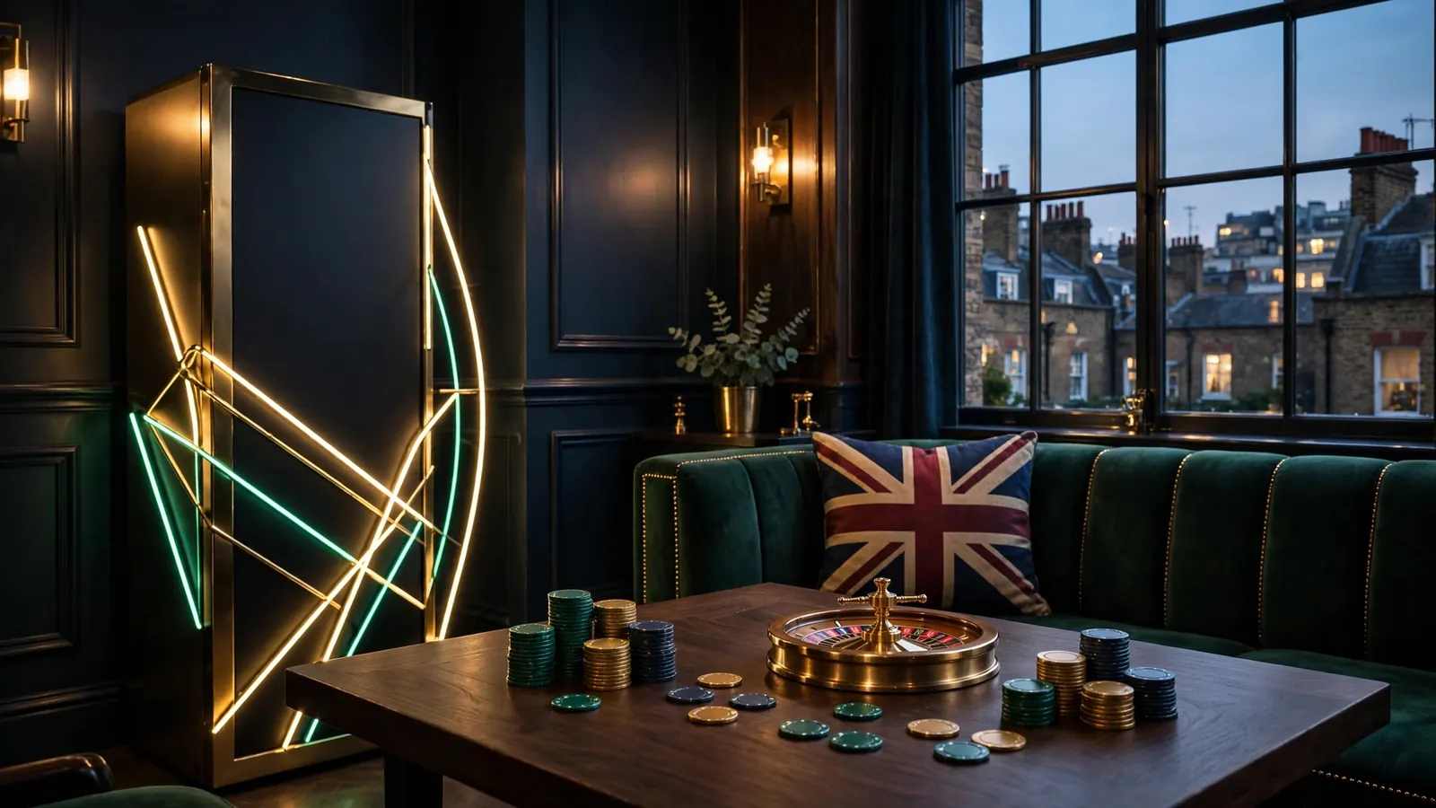 Stylised UK casino lounge featuring slot tokens and roulette wheel