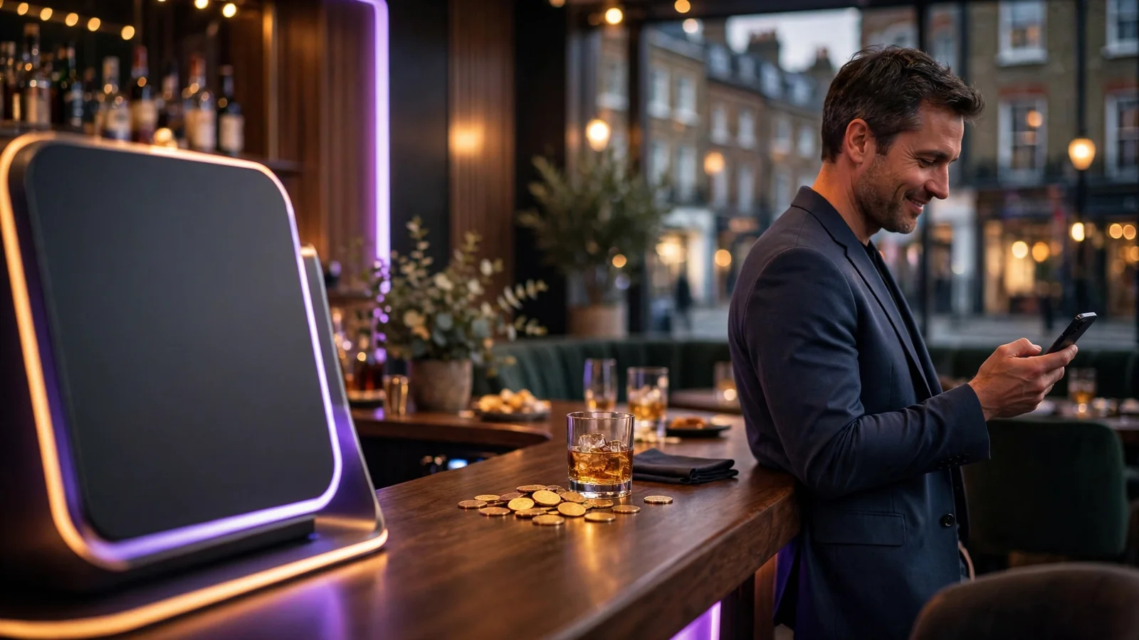 Modern slot machine glowing in a stylish London casino lounge with coins on the bar