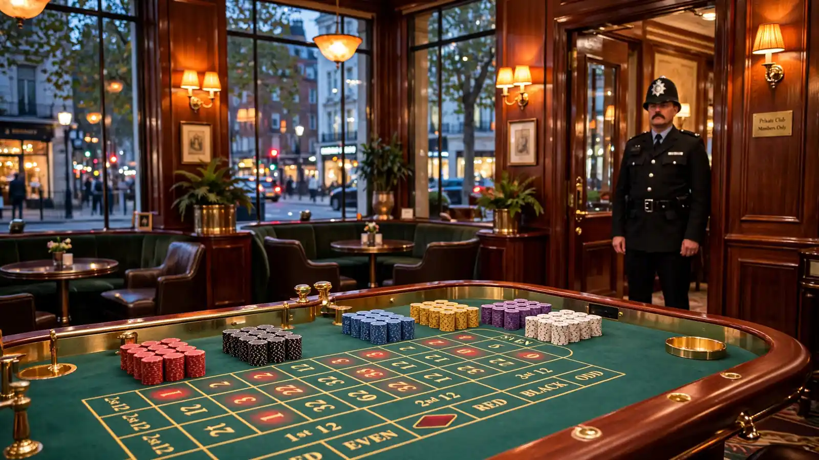 Elegant London casino lounge with roulette table and British atmosphere at twilight