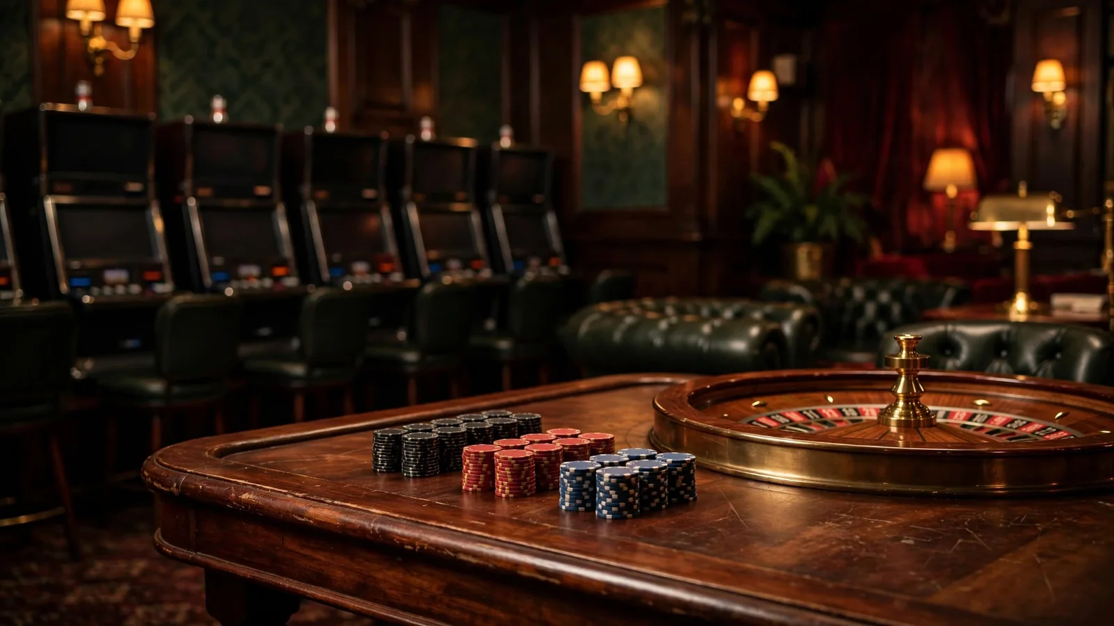 Elegant UK casino lounge with roulette wheel and idle gaming tables