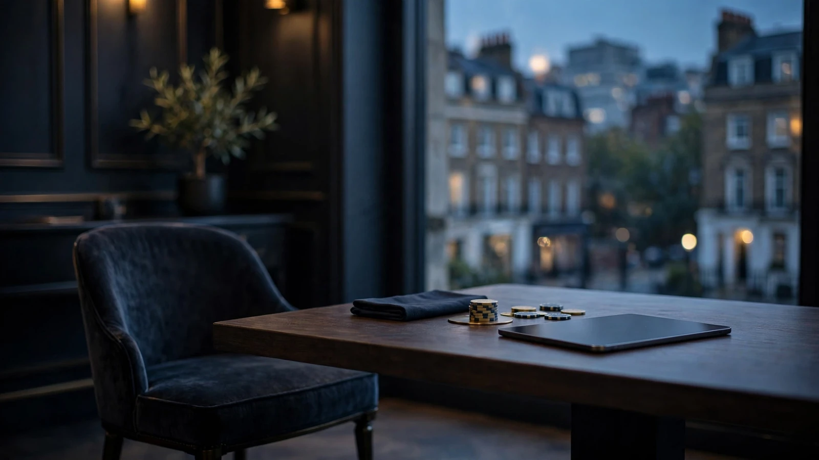 Modern UK casino lounge with closed tablet and subtle evening skyline