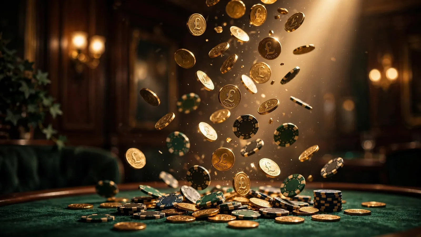 Golden coins and casino chips cascading in a spotlight inside a luxurious gaming lounge.
