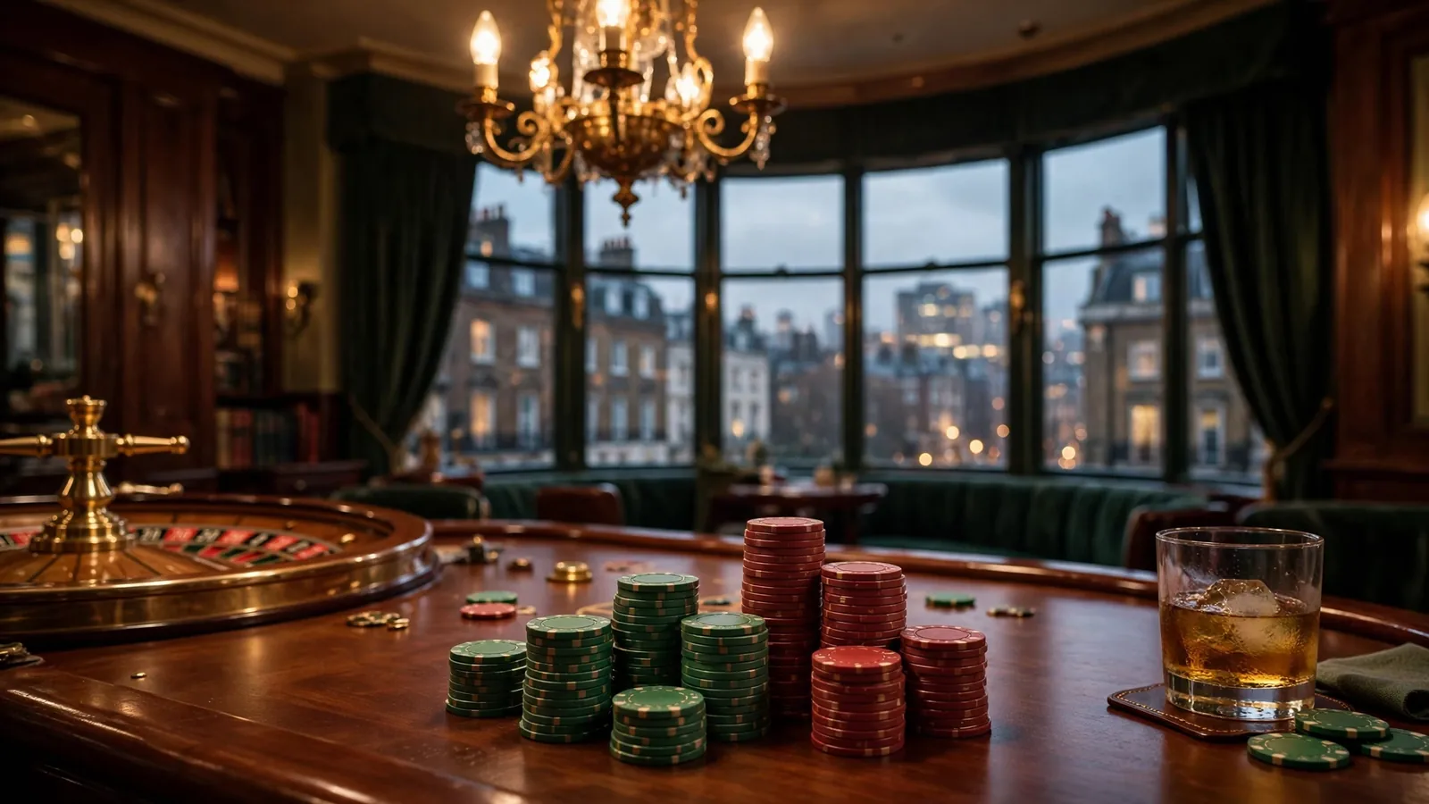 British casino lounge with roulette wheel, poker chips and whisky