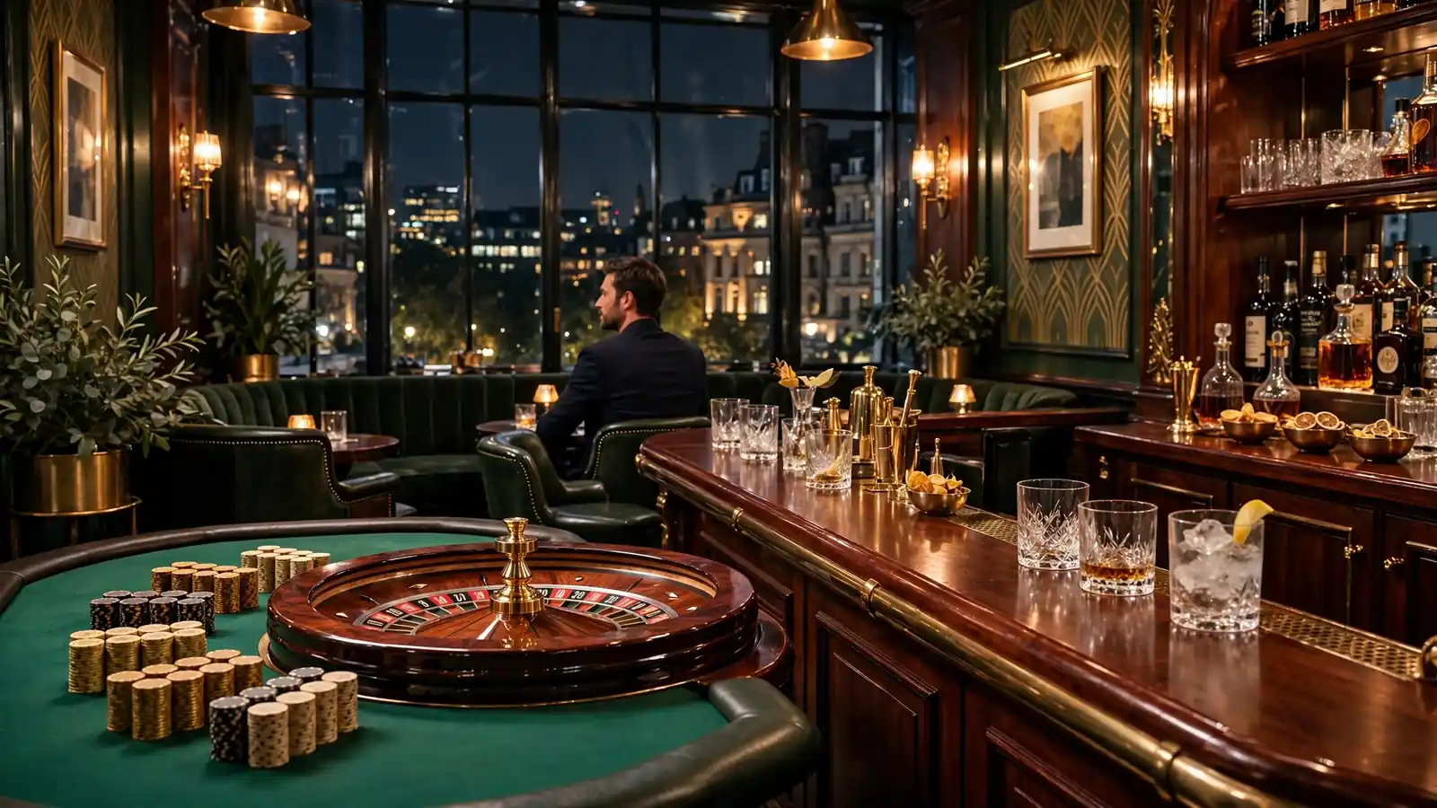 Elegant London casino lounge with roulette table and city skyline at night