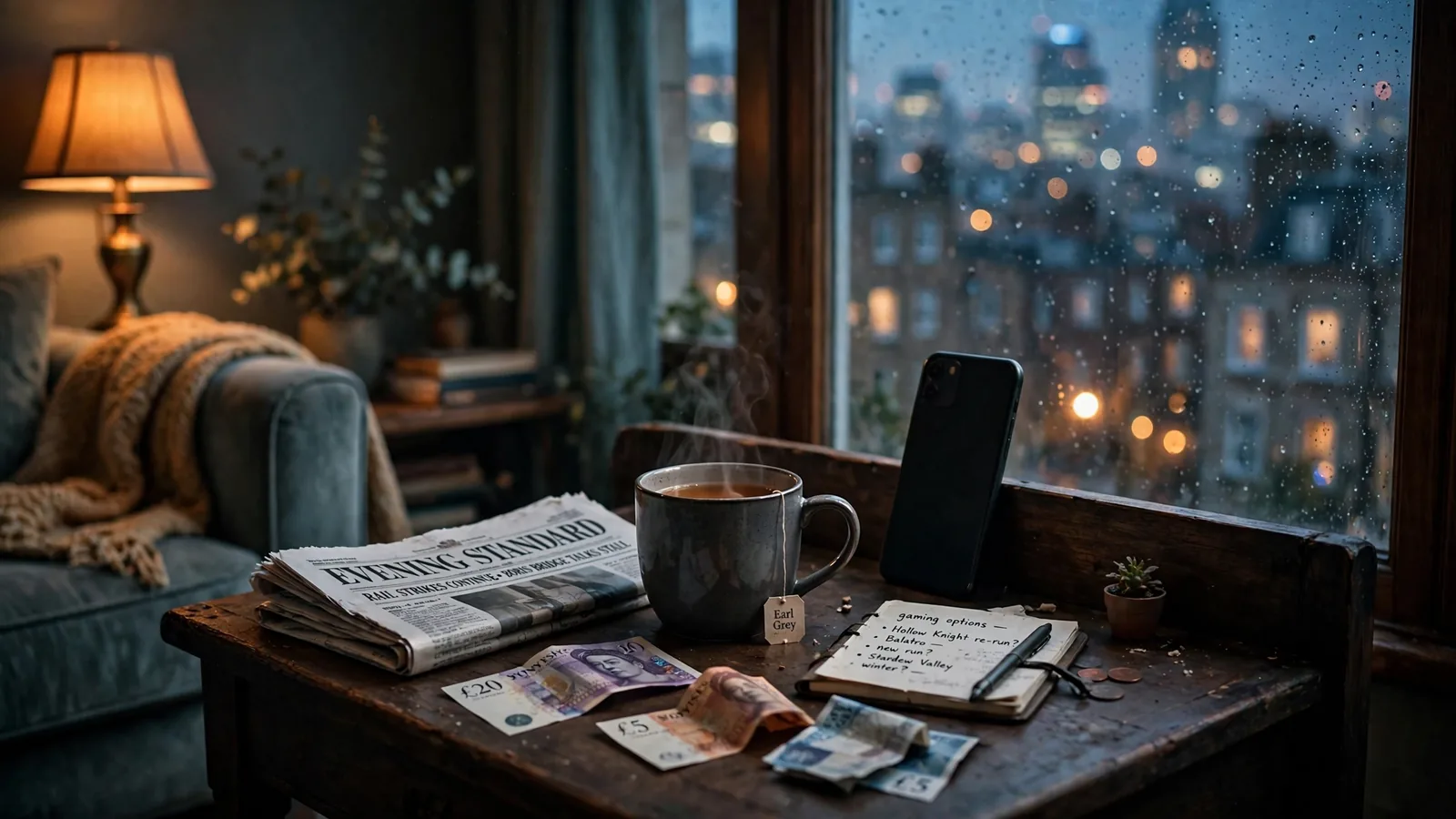 Cozy London living room scene with a phone, tea, and British evening ambiance