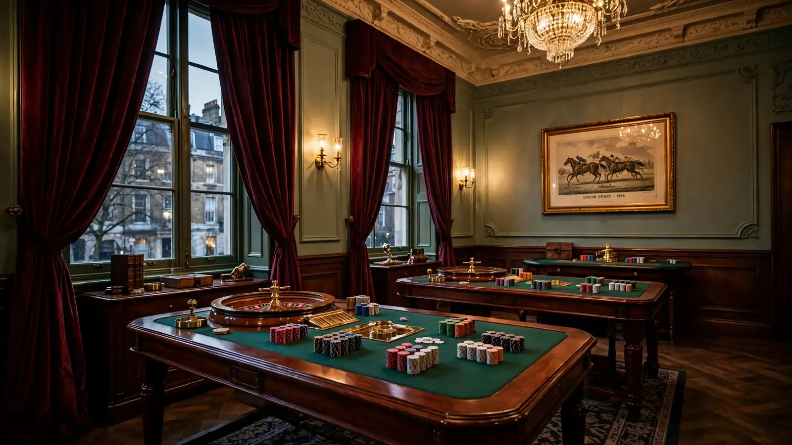 Elegant empty London casino lounge with mahogany tables, roulette wheels, chips and chandeliers