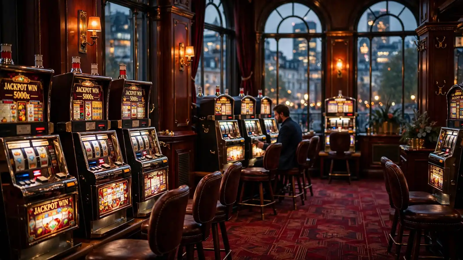 Atmospheric London casino lounge interior with slot machine cabinets and evening skyline view