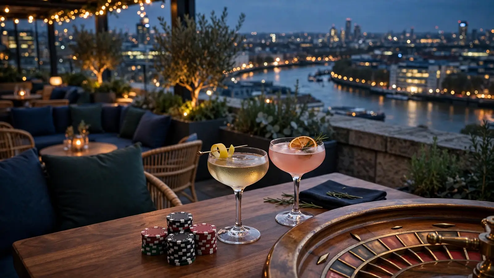 Stylish London rooftop lounge at dusk with casino chips and roulette on a wooden table overlooking the Thames skyline.