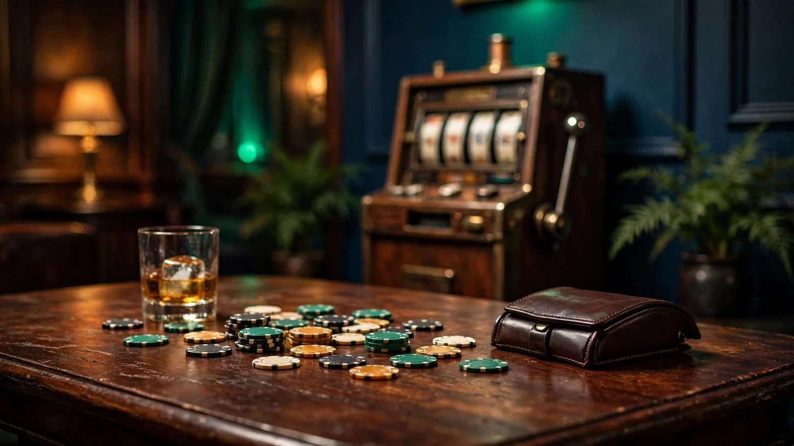 Moody casino lounge with chips and a vintage slot machine