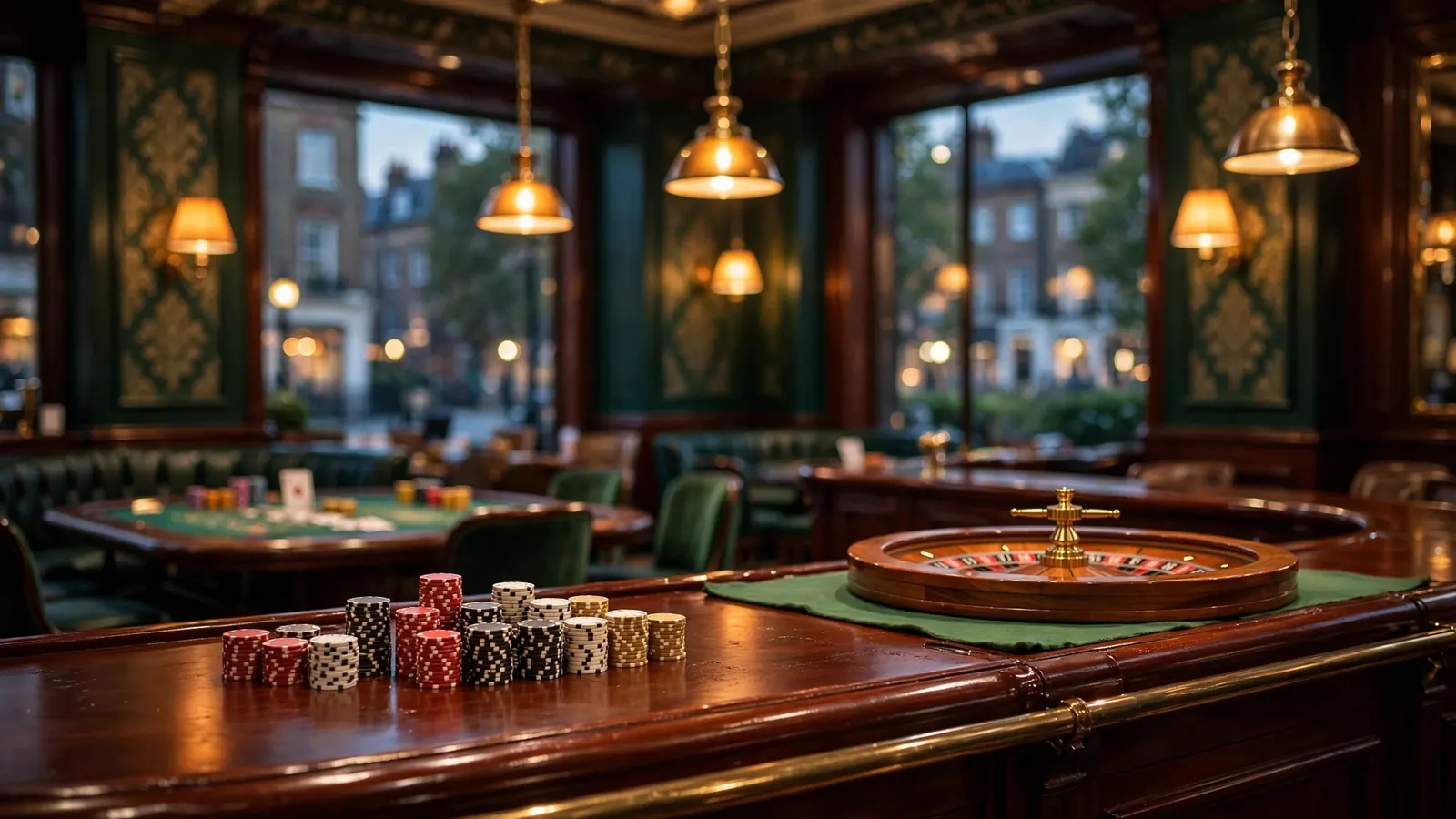 Elegant British casino lounge with roulette wheel and chips