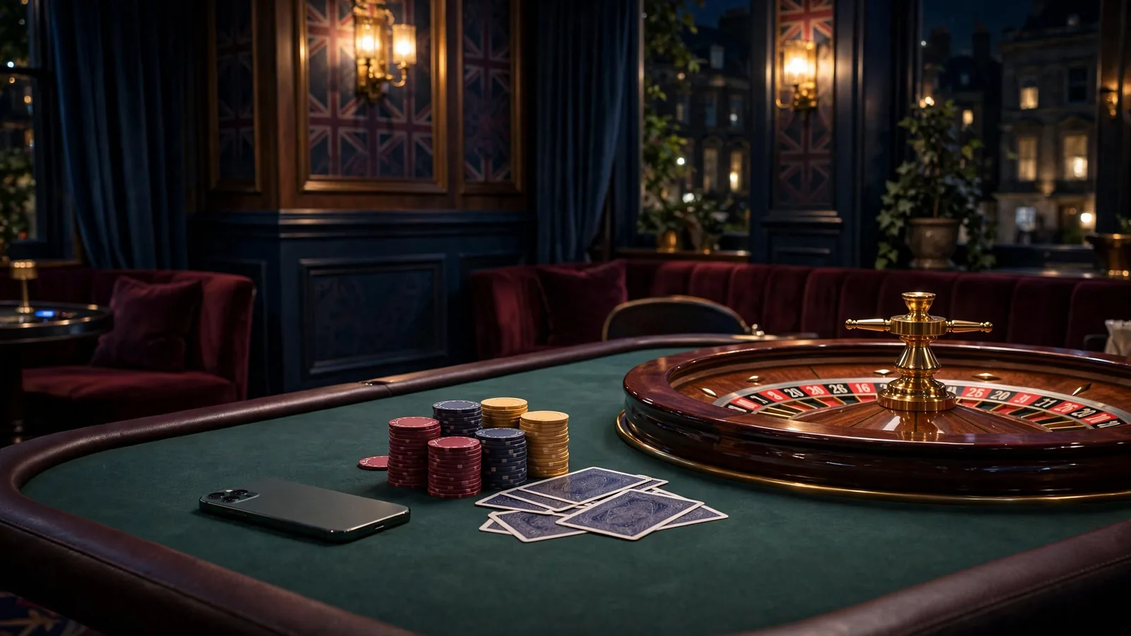 Elegant British casino table with chips, cards, roulette wheel and phone