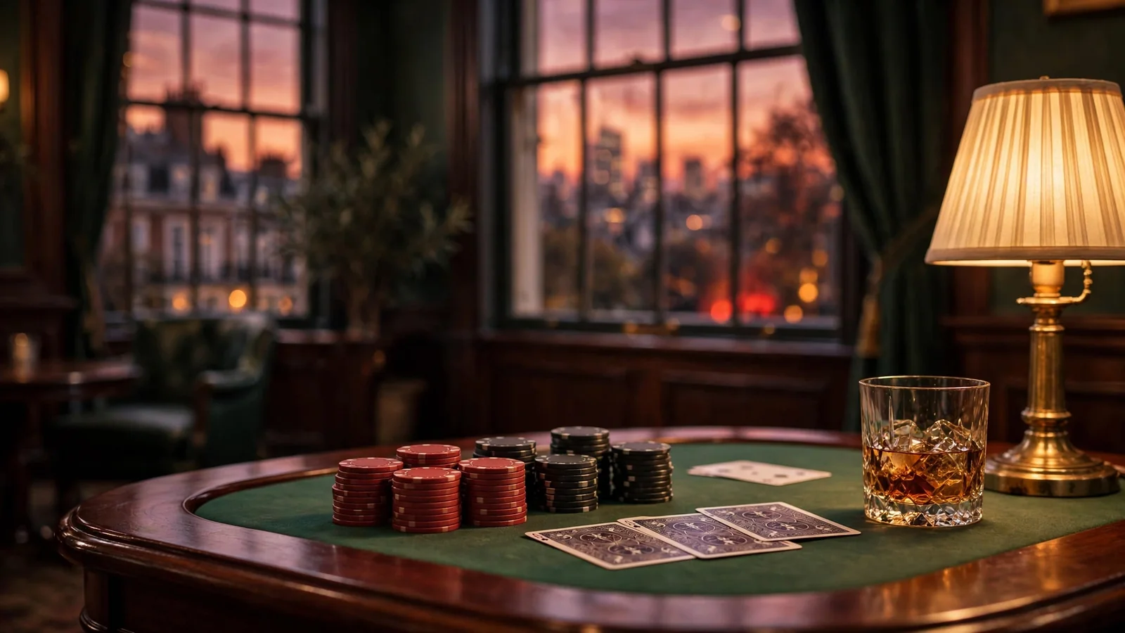 Elegant British casino table with poker chips and whiskey glass at dusk