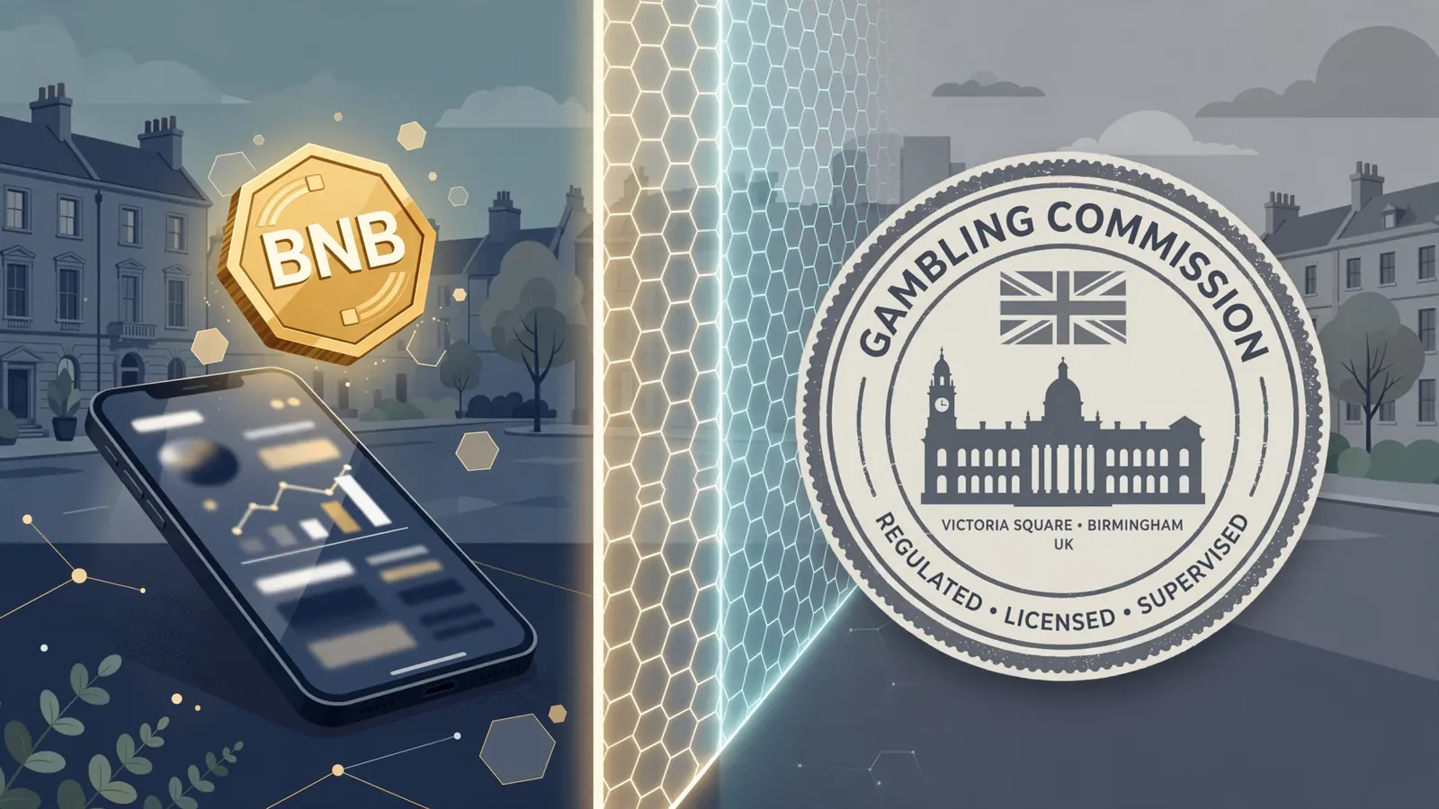 Split illustration contrasting a glowing BNB cryptocurrency coin with a British regulatory building divided by a barrier.