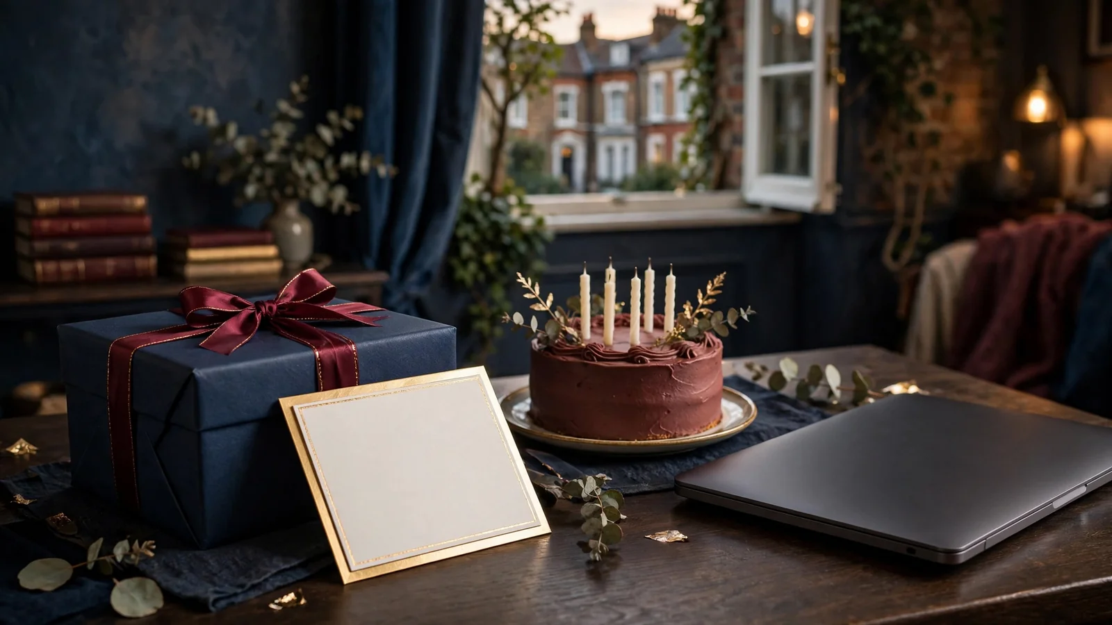 Birthday gift, cake and closed laptop in an elegant UK setting