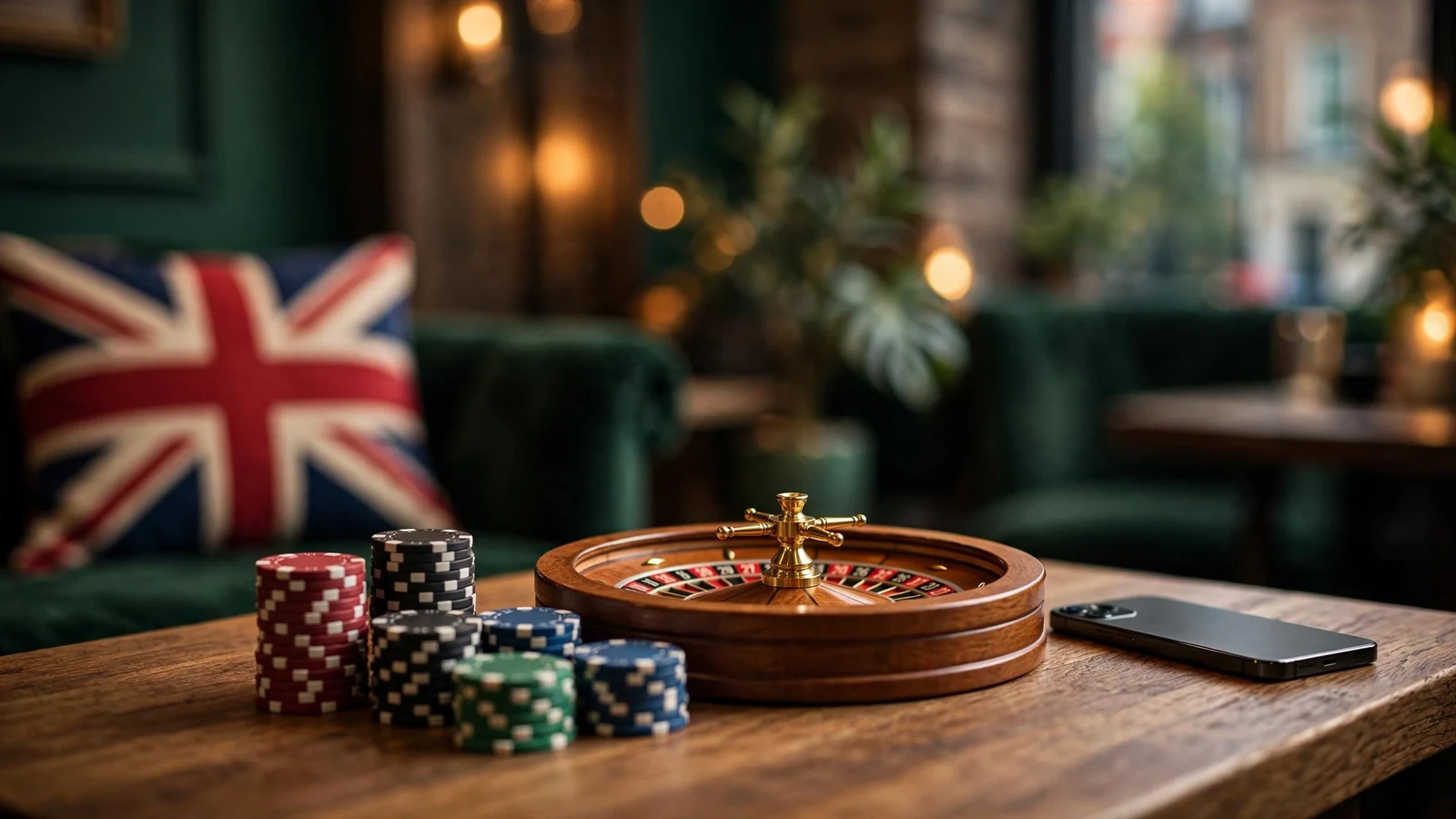 Casino chips, roulette wheel and a face-down smartphone on a wooden table in a UK gaming lounge setting.