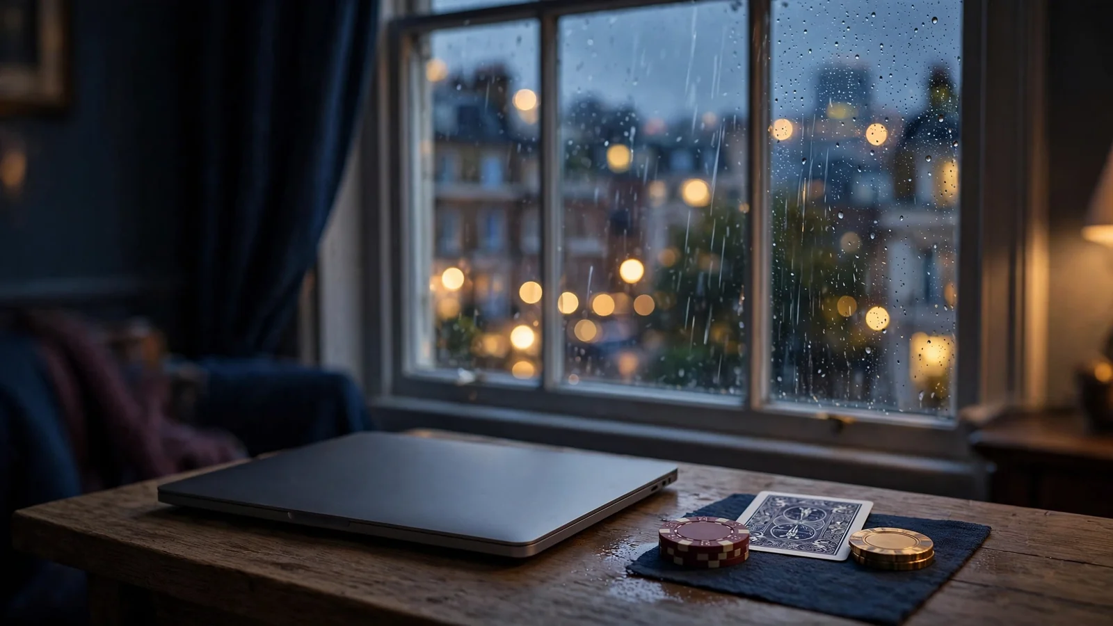 Closed laptop and casino tokens by a rainy London window