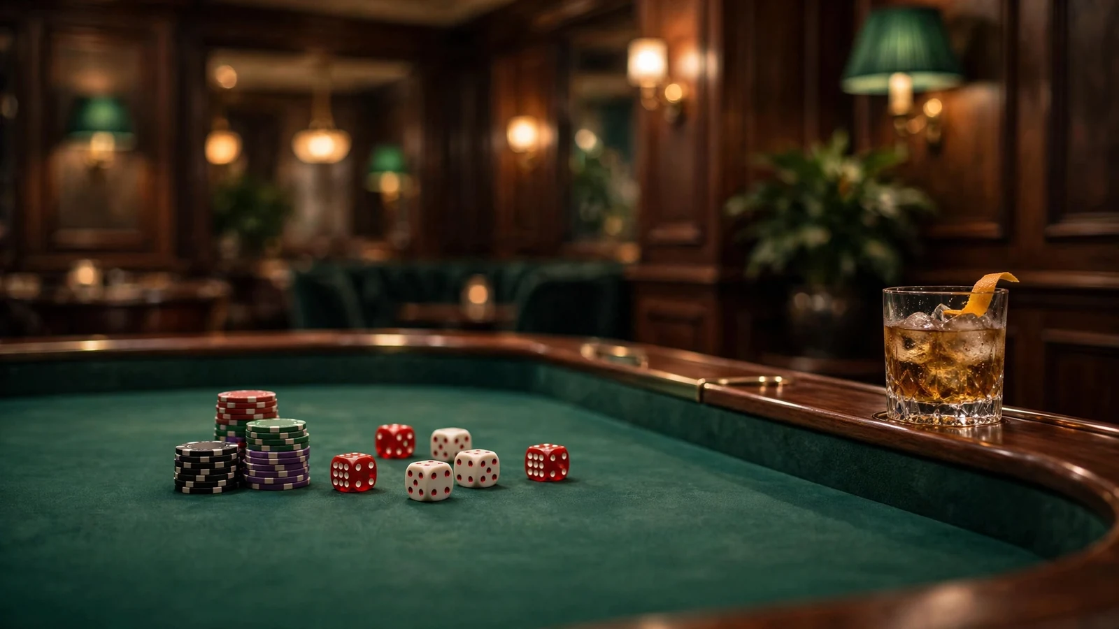 Casino dice table with chips on green felt in a UK lounge