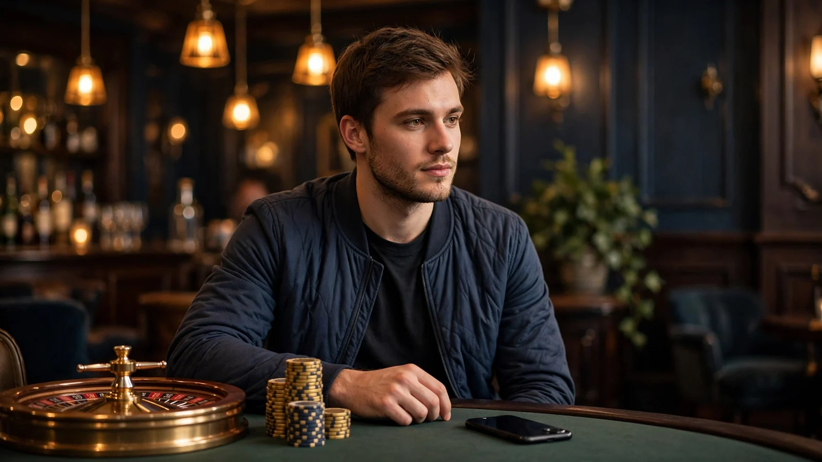 Man at a London casino table with chips and a face-down phone