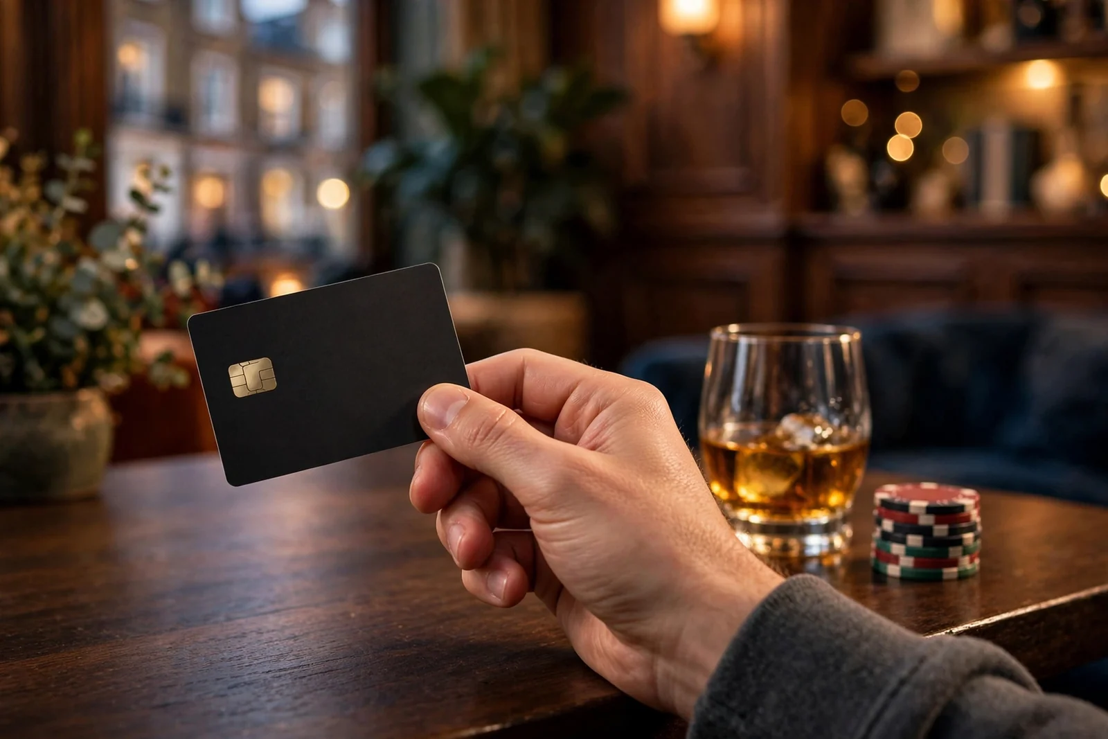 Hand holding a credit card near casino chips in a UK lounge