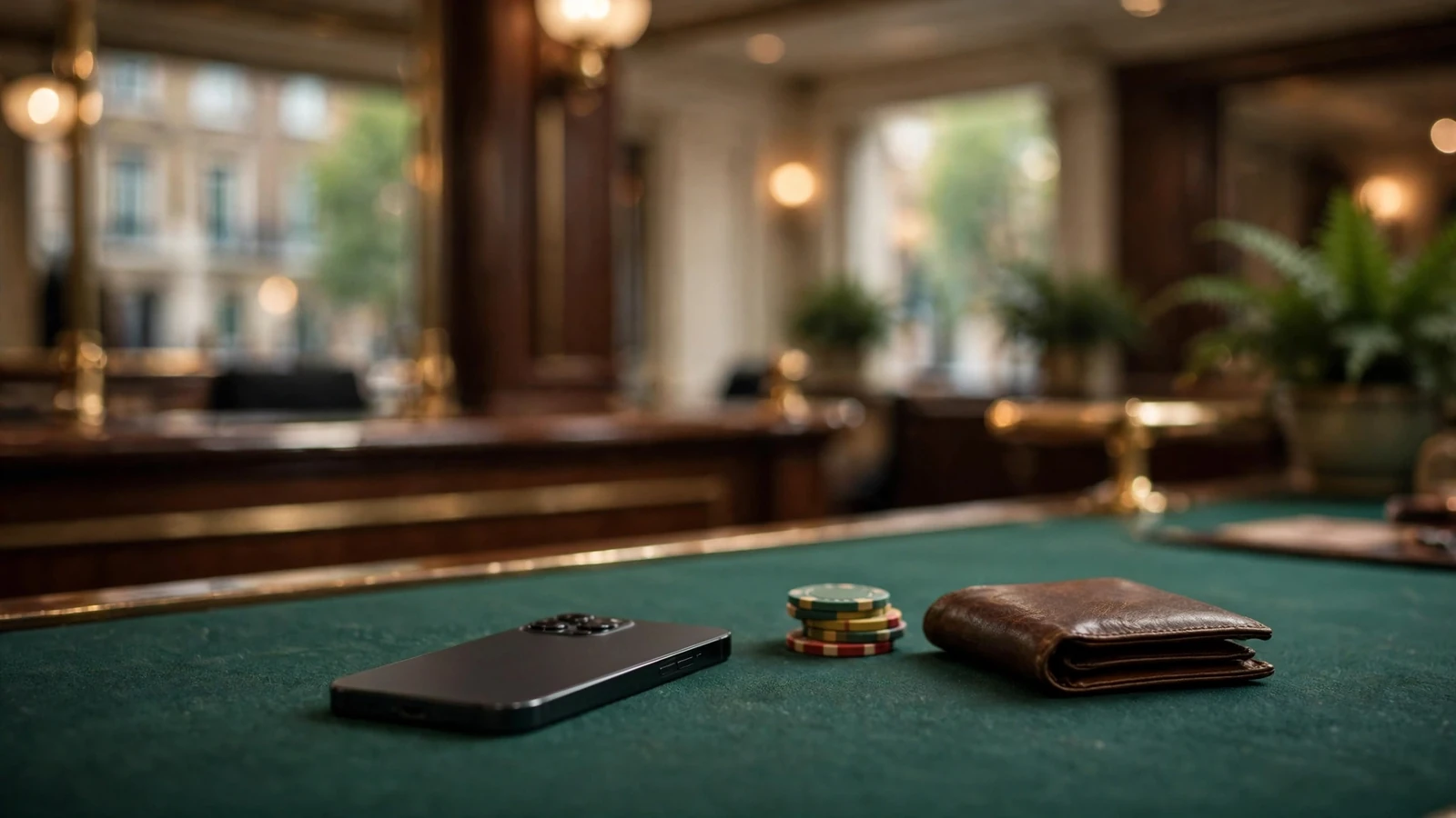 Casino cashier desk with smartphone, chips and wallet in warm lighting