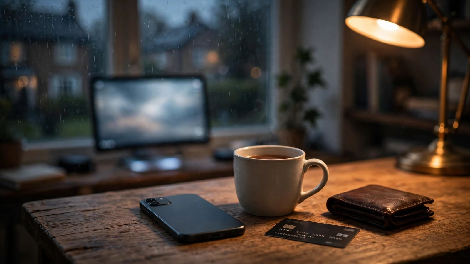 Smartphone, debit card and tea mug on a British desk at night
