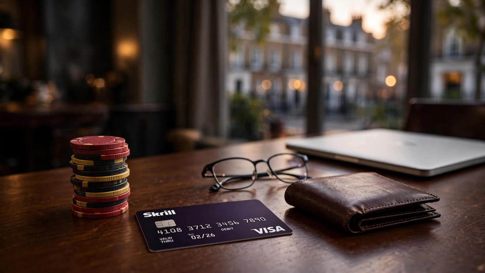 Casino chips, a closed laptop, and a digital wallet card on a desk