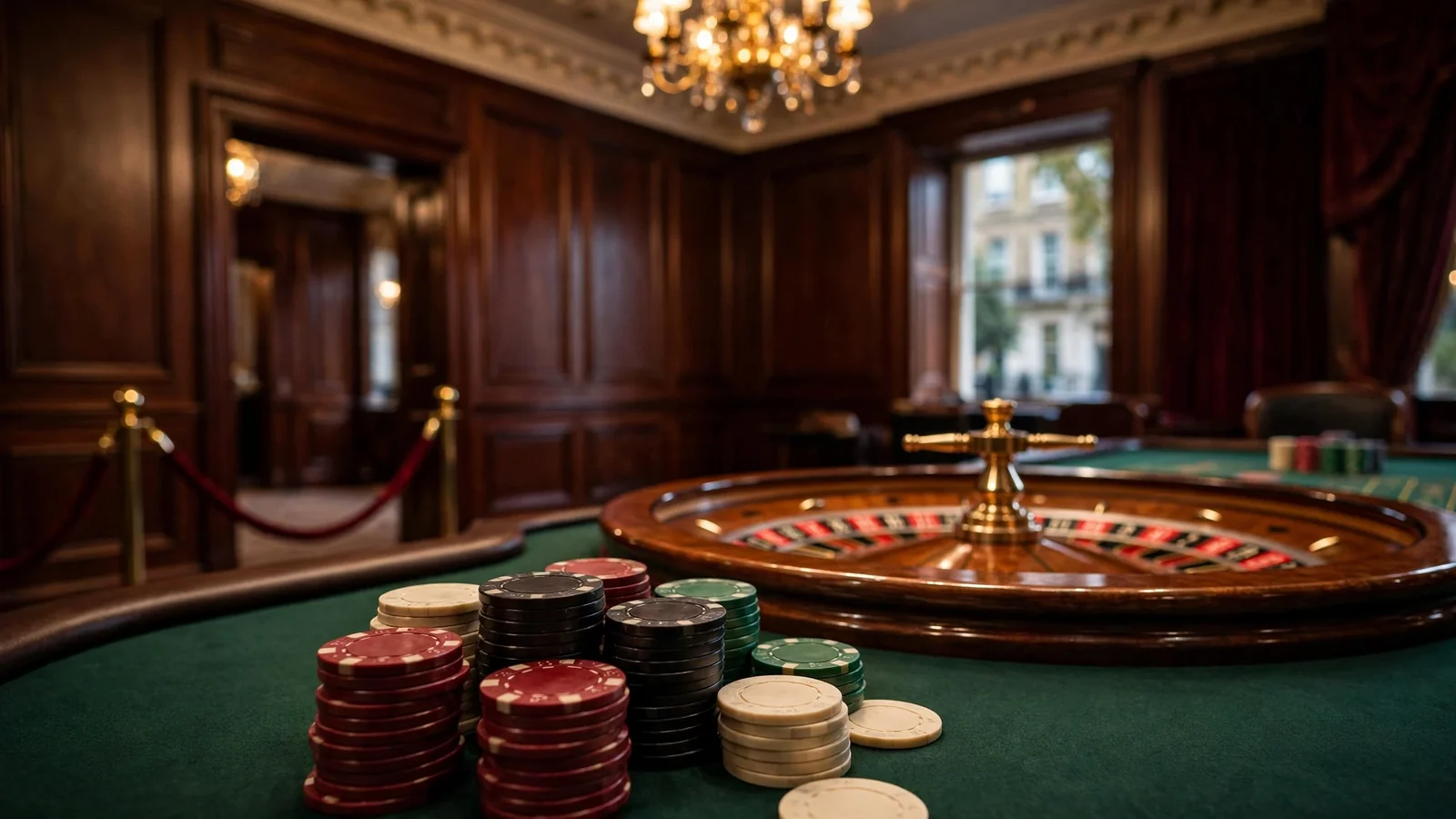 Luxurious private casino salon with roulette table and chips