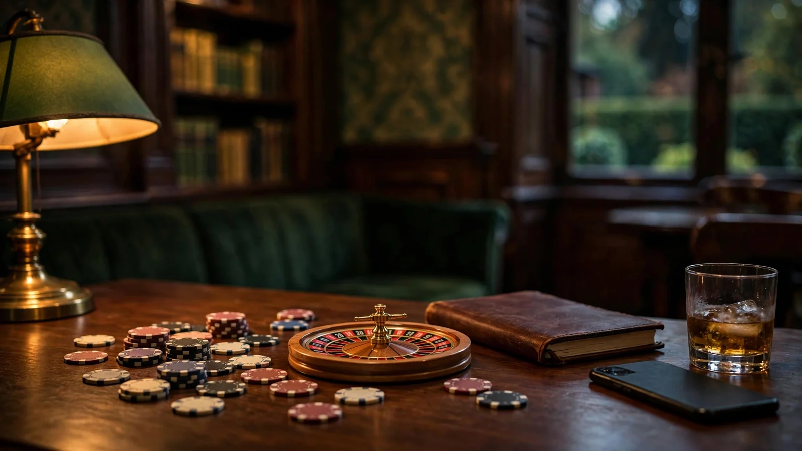 British lounge with roulette wheel and poker chips on table