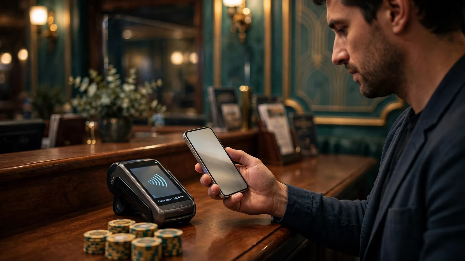 Player paying with smartphone at UK casino cashier