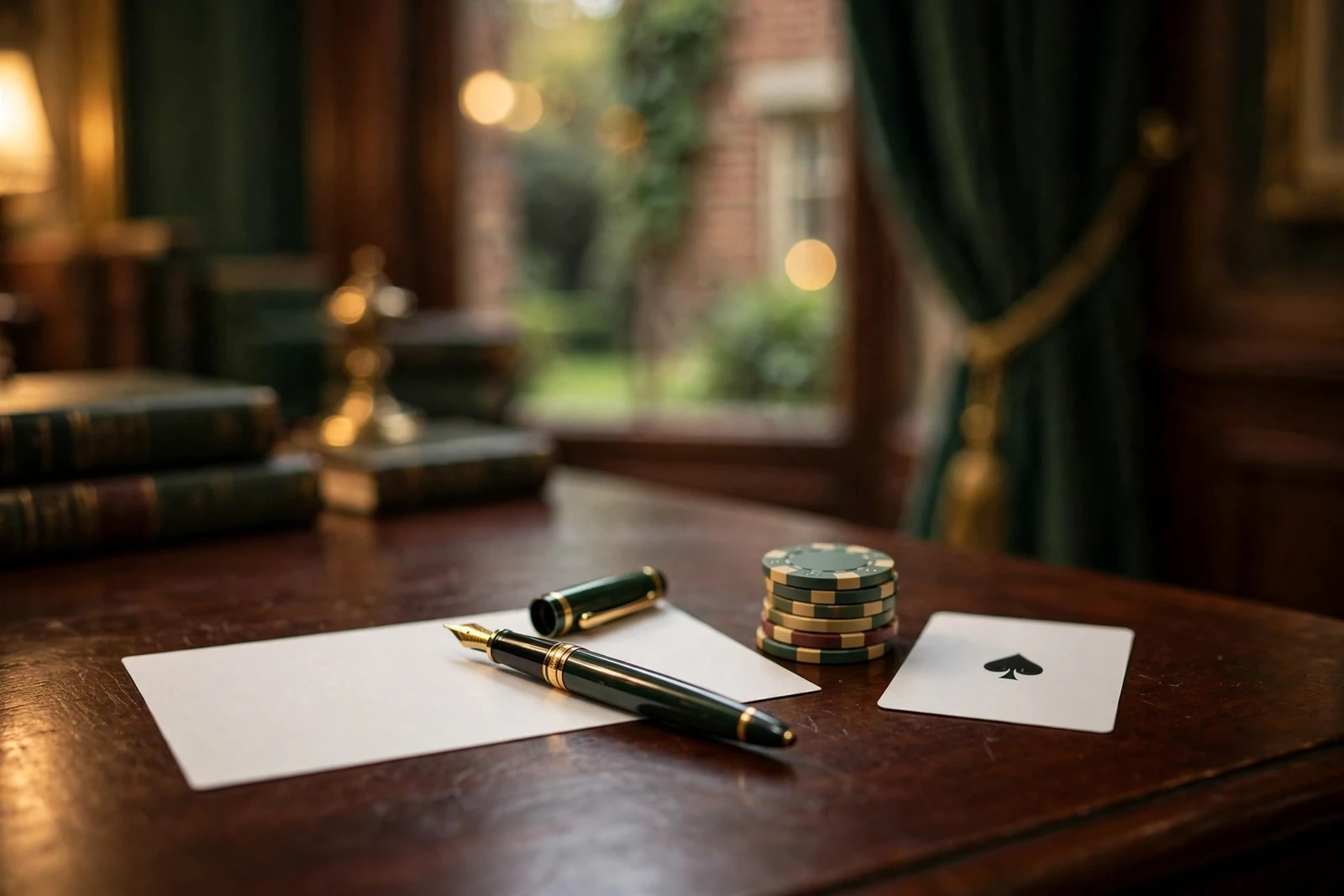 Bank cheque, pen, and casino chips on a wooden desk in a warm-lit British study.