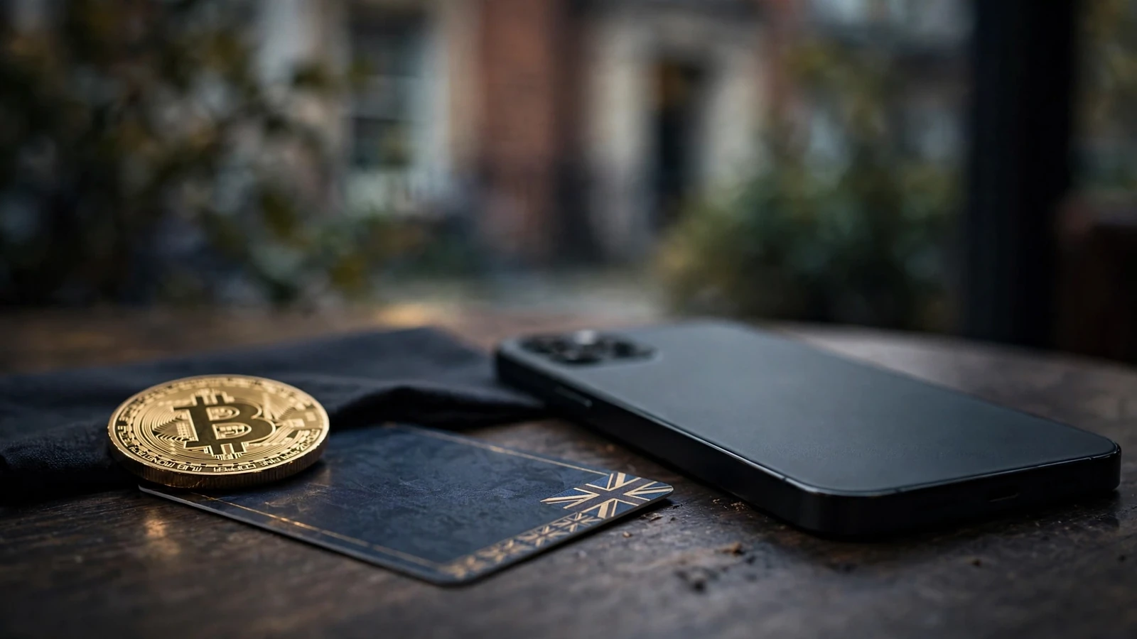 Phone, Bitcoin token and payment card on a UK casino review desk