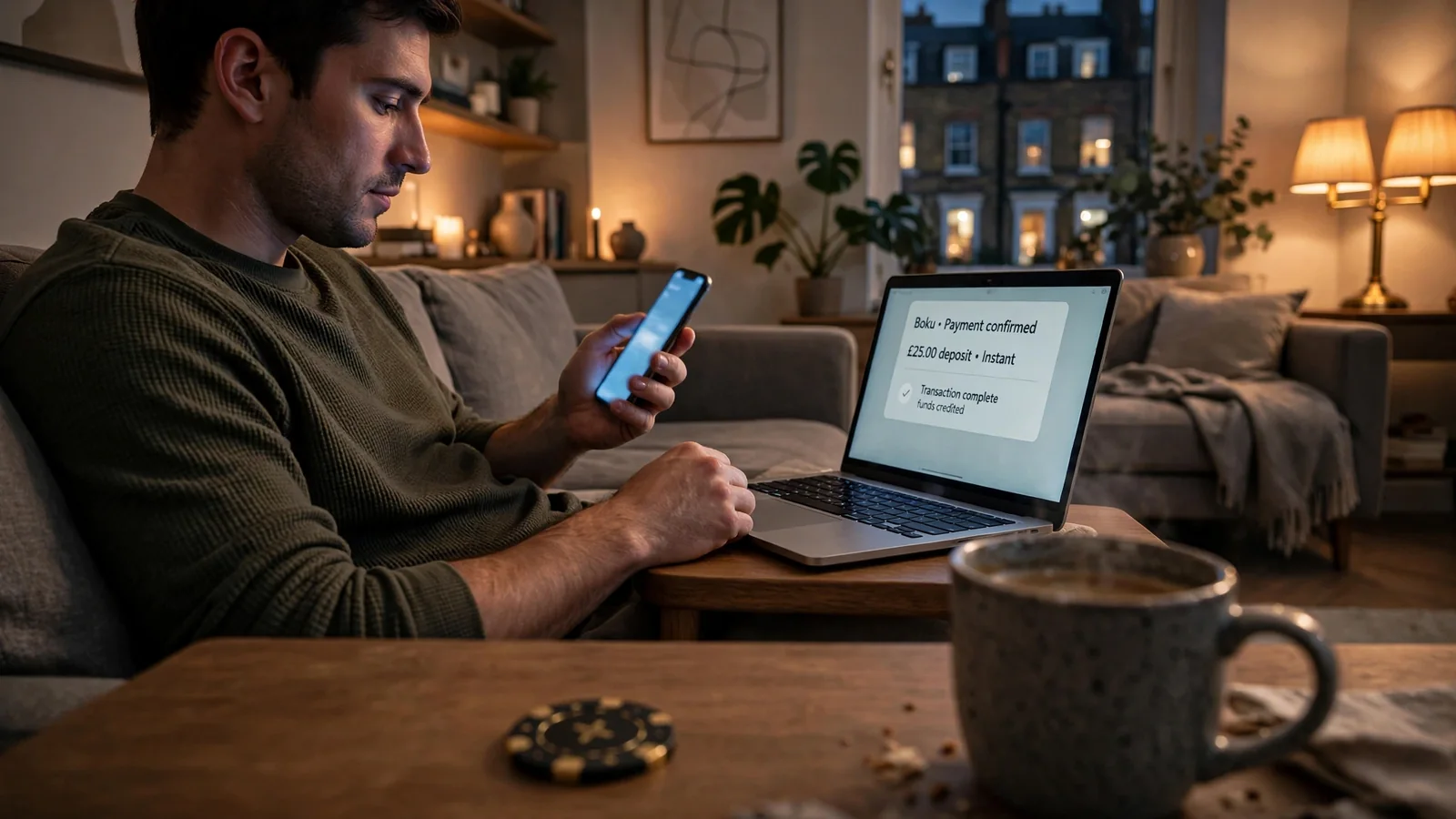 Young UK player making a mobile Boku deposit on smartphone in a modern apartment