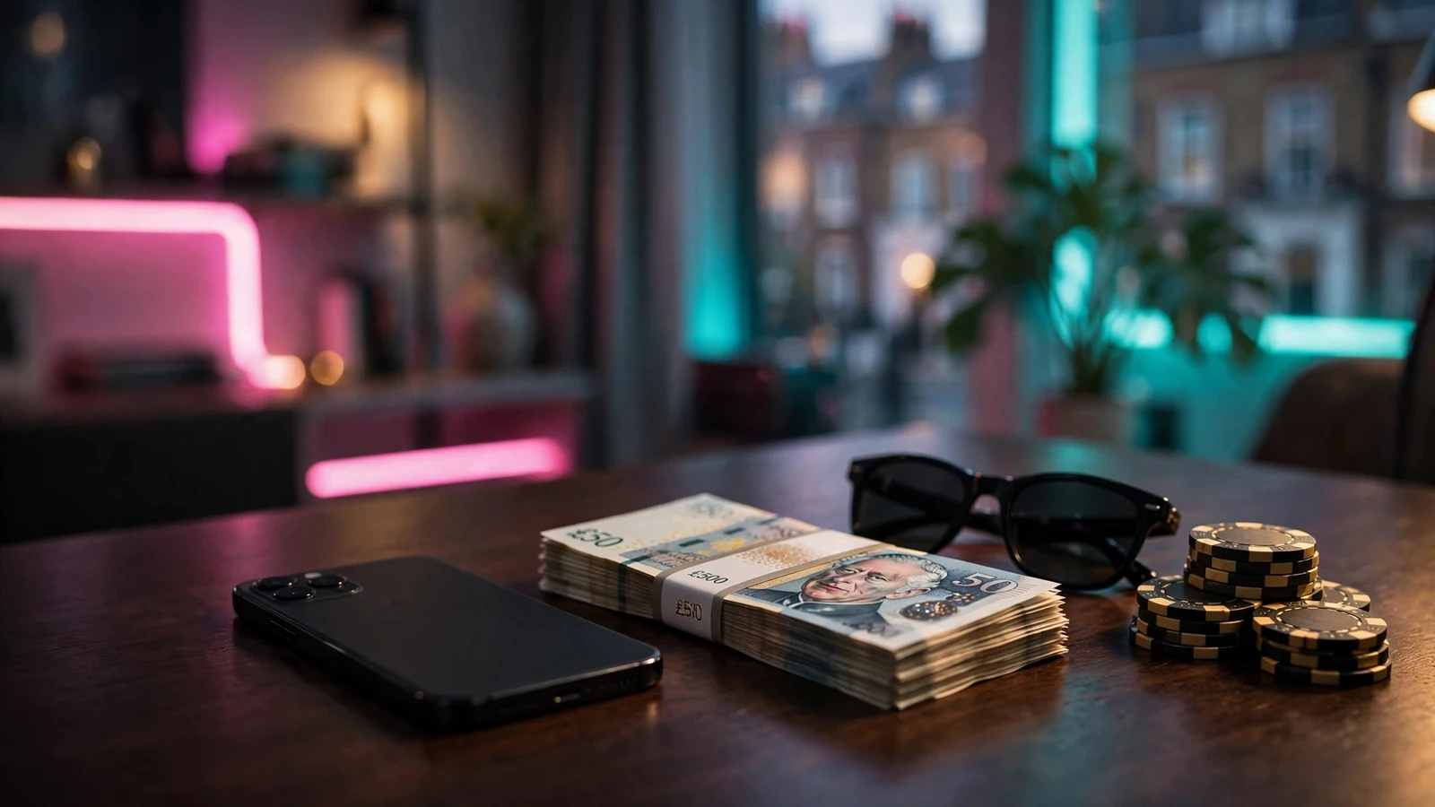 Smartphone, British pounds, and casino chips on a dark desk