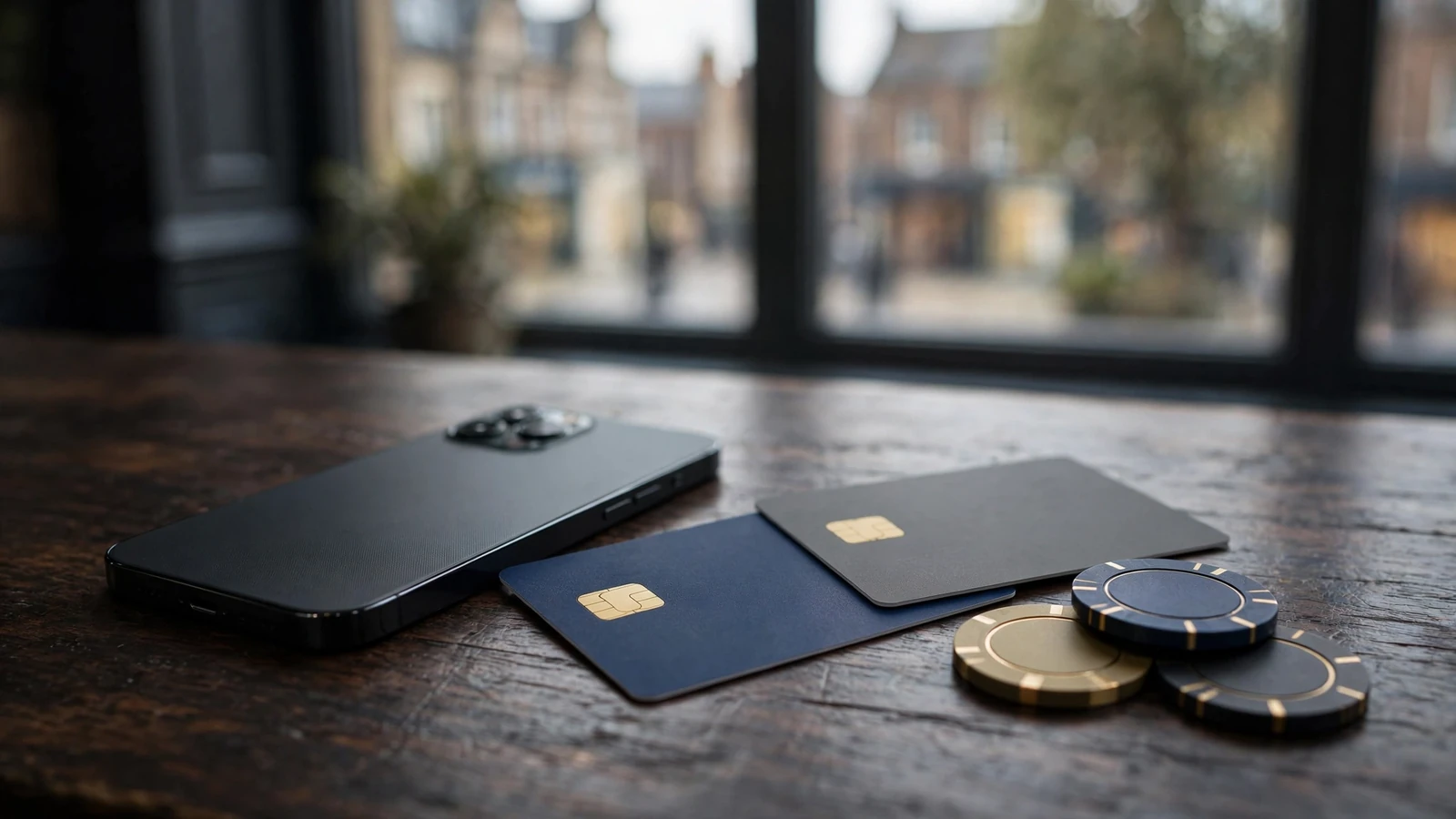 Secure mobile casino payment scene with hidden smartphone, card, and chips