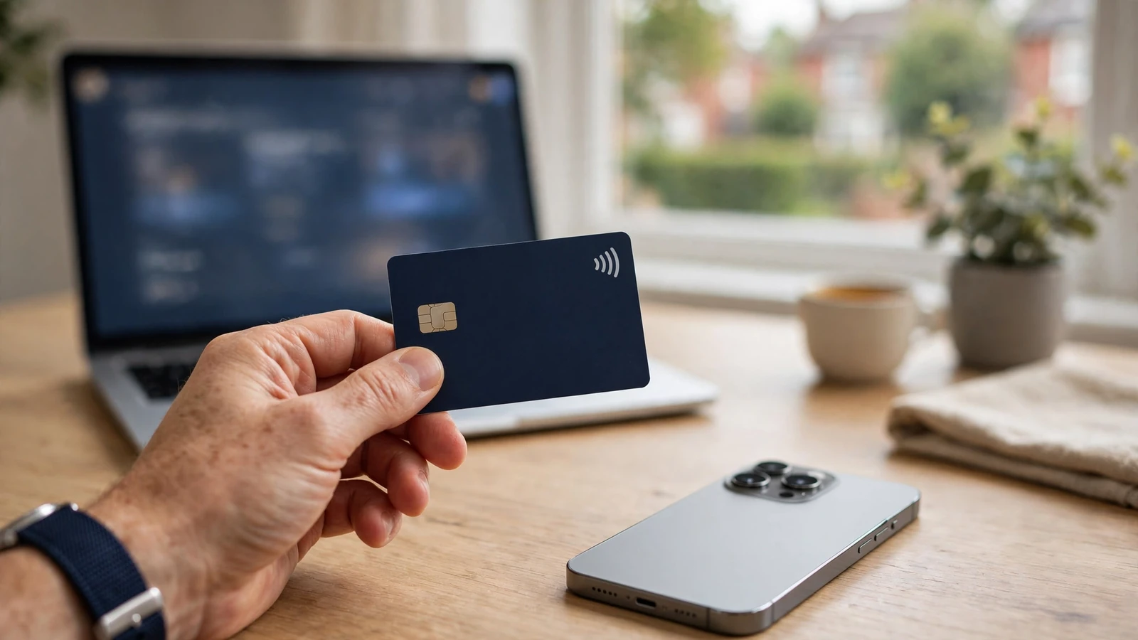 UK adult holding a debit card while completing an online casino payment.