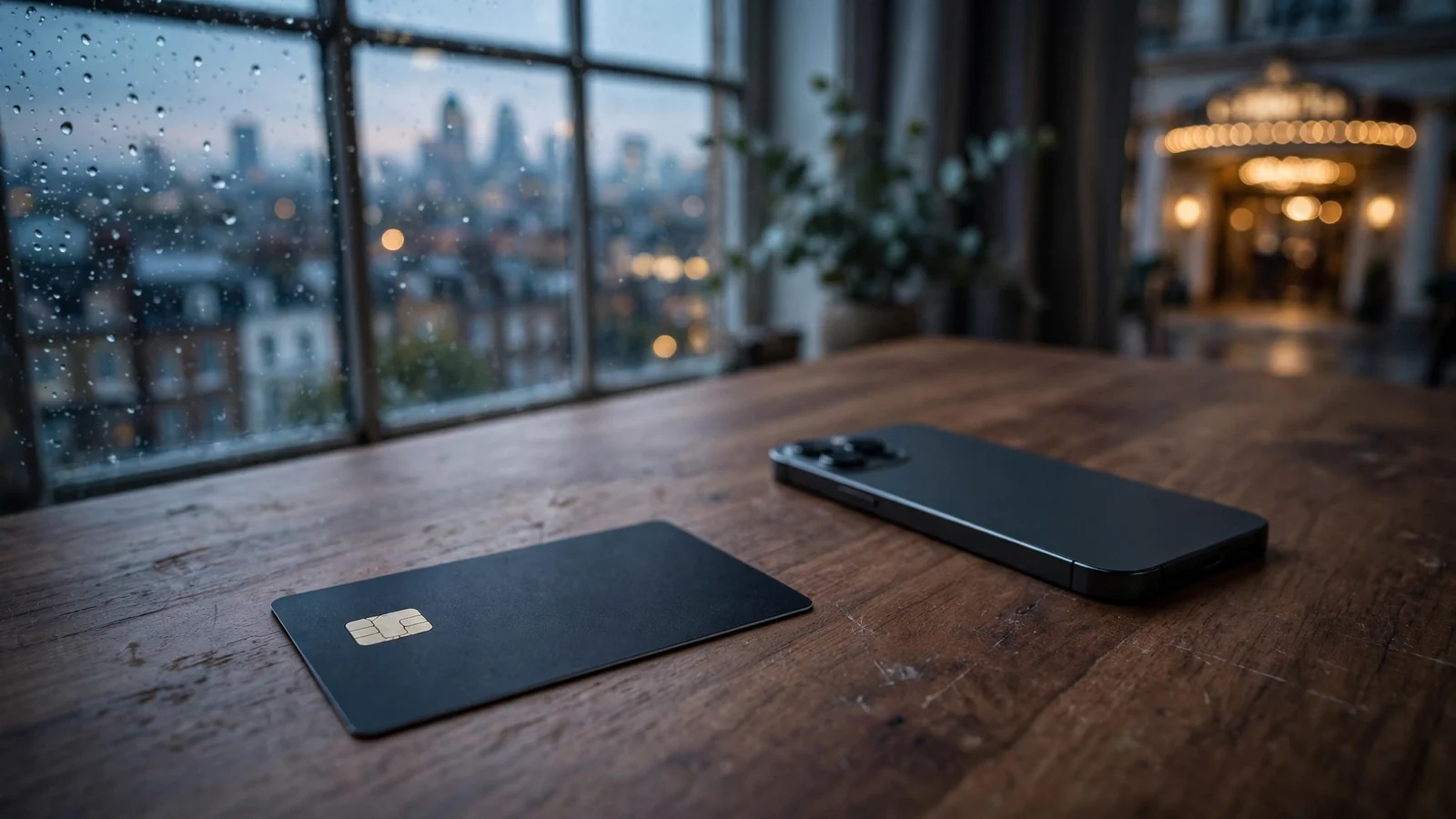 Unbranded payment card and face-down phone in a UK casino-themed setting