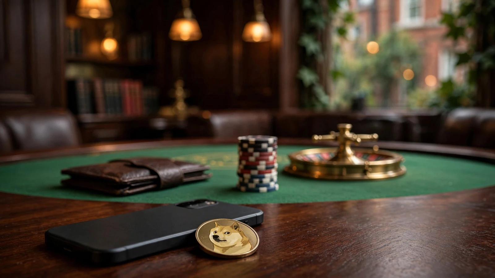Casino chips, roulette wheel, and Dogecoin coin on a wooden club table.