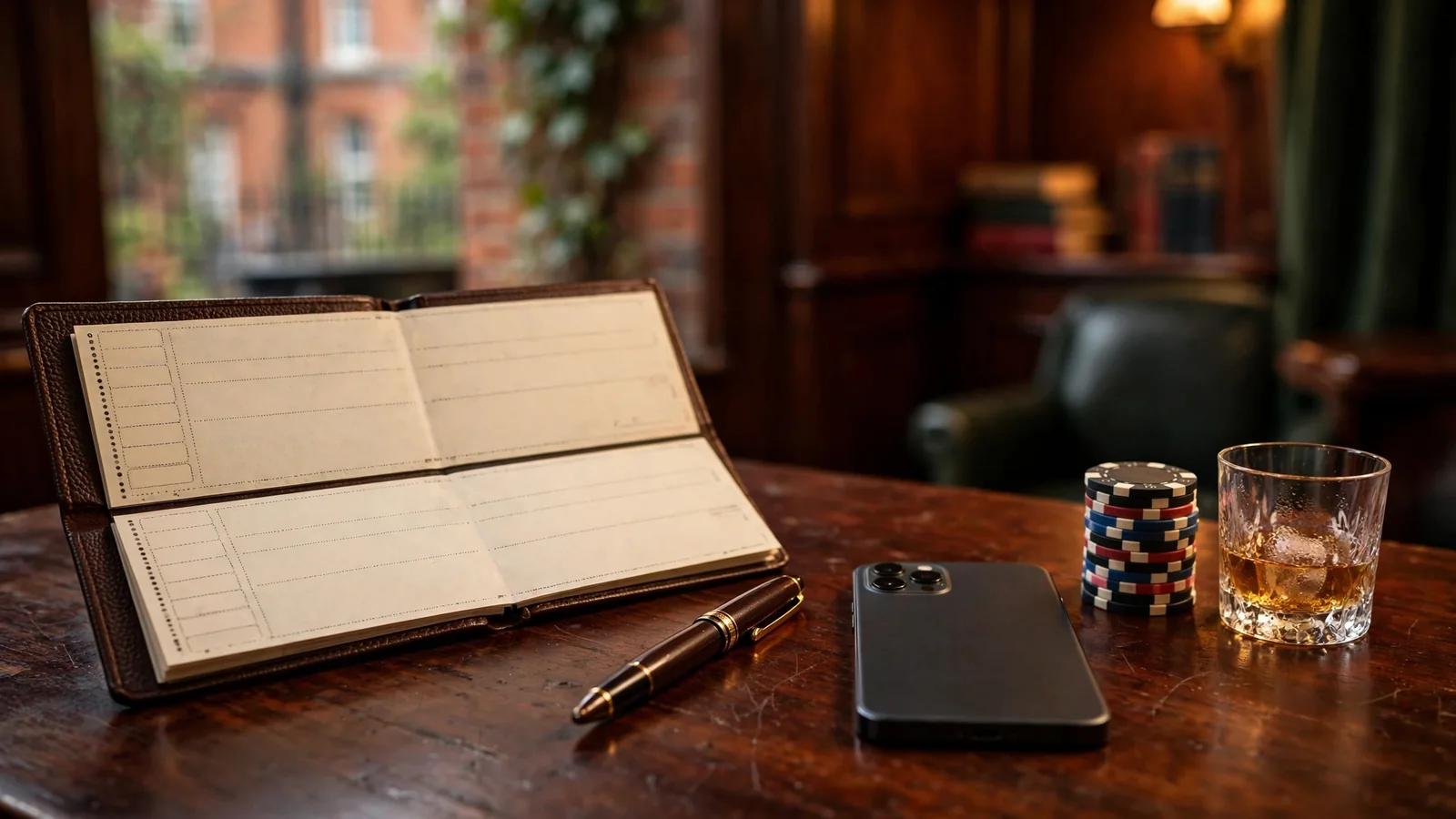 Open chequebook, pen, and casino chips on a wooden British desk.