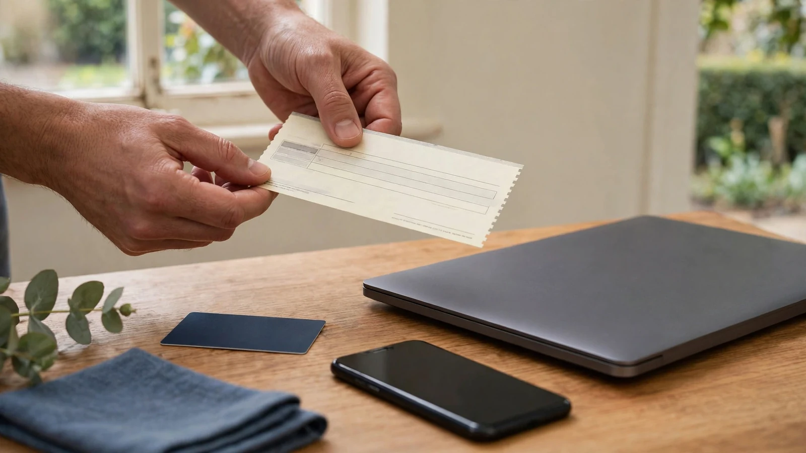 UK gambler checking a paper cheque beside a turned-away laptop
